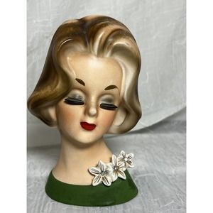 Vintage Lady Head Vase, Green, Napcoware, C6431